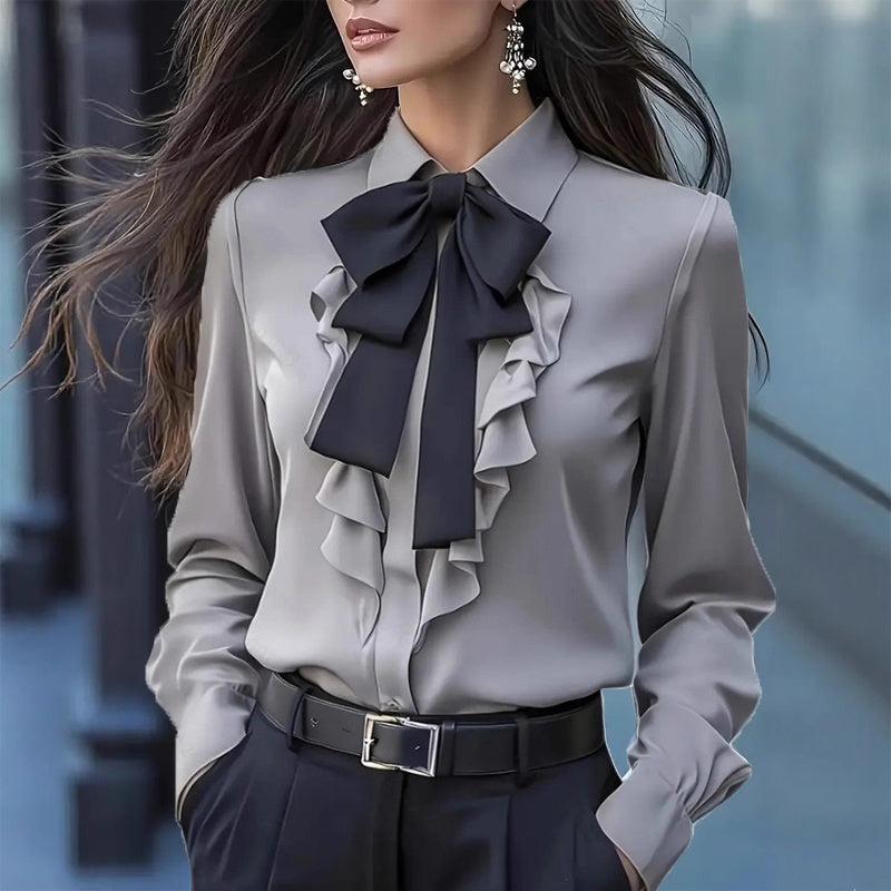 Silkbane | Ruffle trim bow-tie blouse