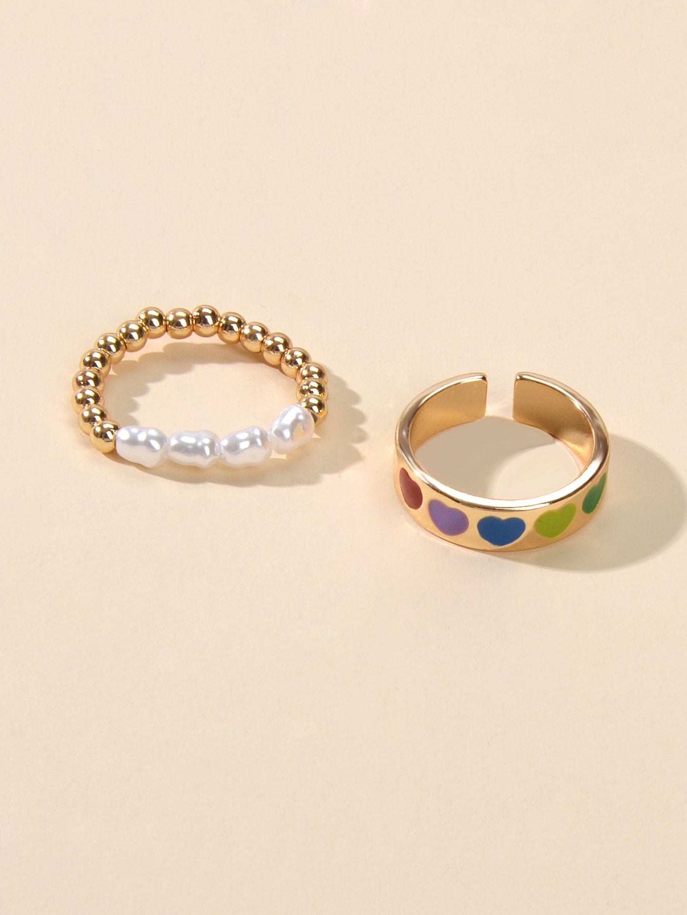 2 pcs Pearl Decor Elastic Ring Colorful Love Heart Enamel Finger Rings
