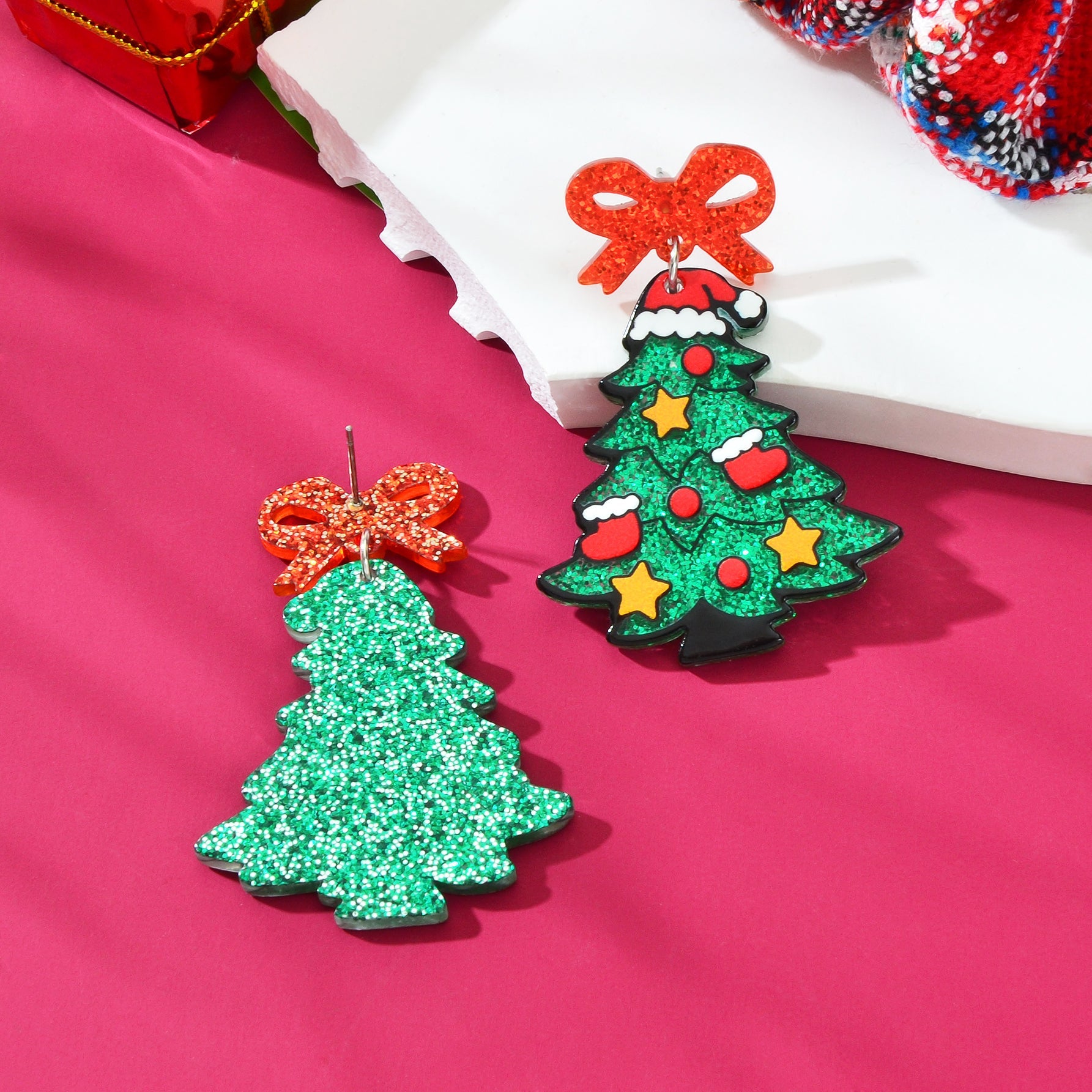 Shining Sequin Decor Acrylic Bow Christmas Tree Dangle Earrings