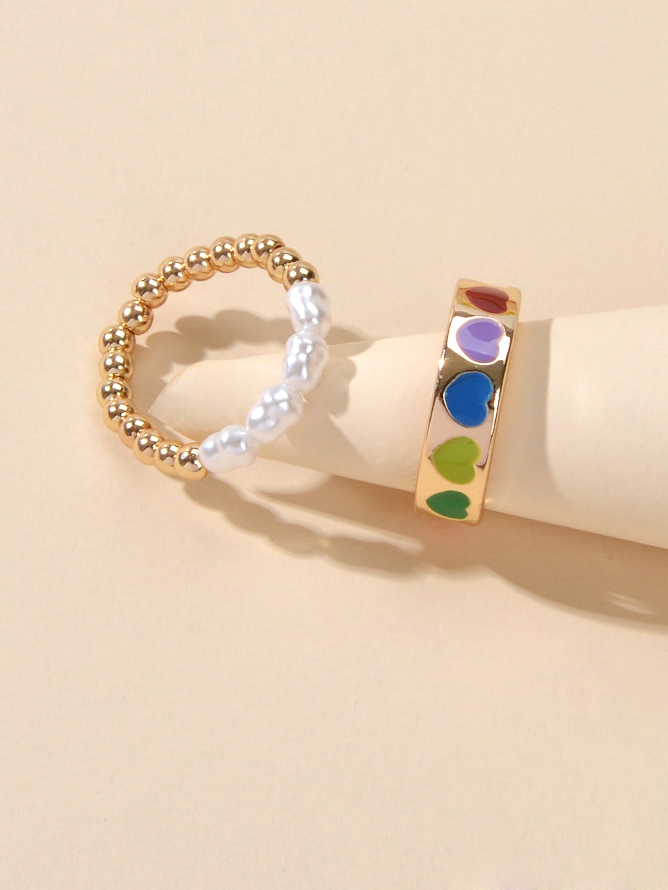 2 pcs Pearl Decor Elastic Ring Colorful Love Heart Enamel Finger Rings