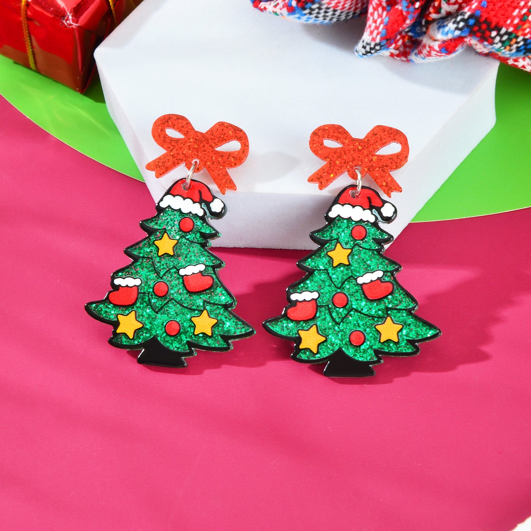 Shining Sequin Decor Acrylic Bow Christmas Tree Dangle Earrings