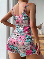 Cute Cartoon Print Satin Sleepwear Set – Women’s Spaghetti Strap Cami