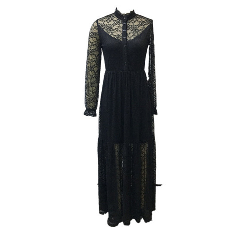 Women's Black Stand Collar Long Sleeve Dress With Button Front & Lace Detail - Flowy Spring Summer Maxi Dress