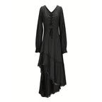 Women's Solid Color Deep V-Neck Irregular Ruffle Hem Sexy Tie-Waist With Cuffed Sleeves Summer Gothic Lace Trim Midi Dress