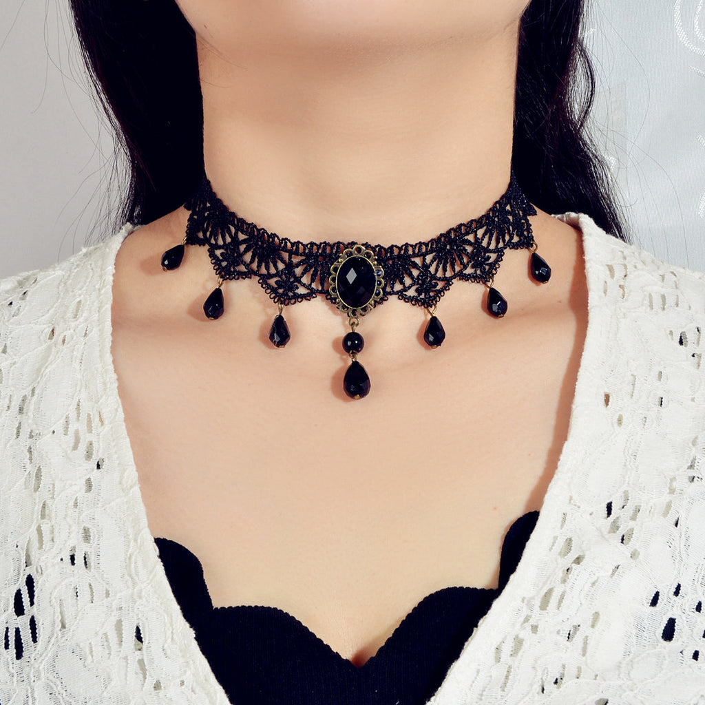 Water Drop Charm Black Lace Retro Gothic Women Choker 90s Halloween