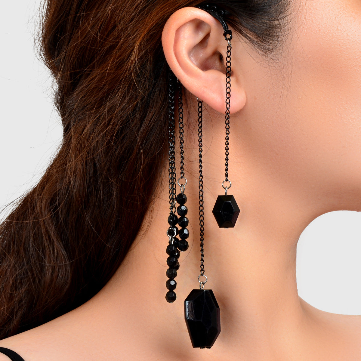 1pc Punk Rock Black Long Chain Tassel Beads Drop Earrings Ear Cuff Ear