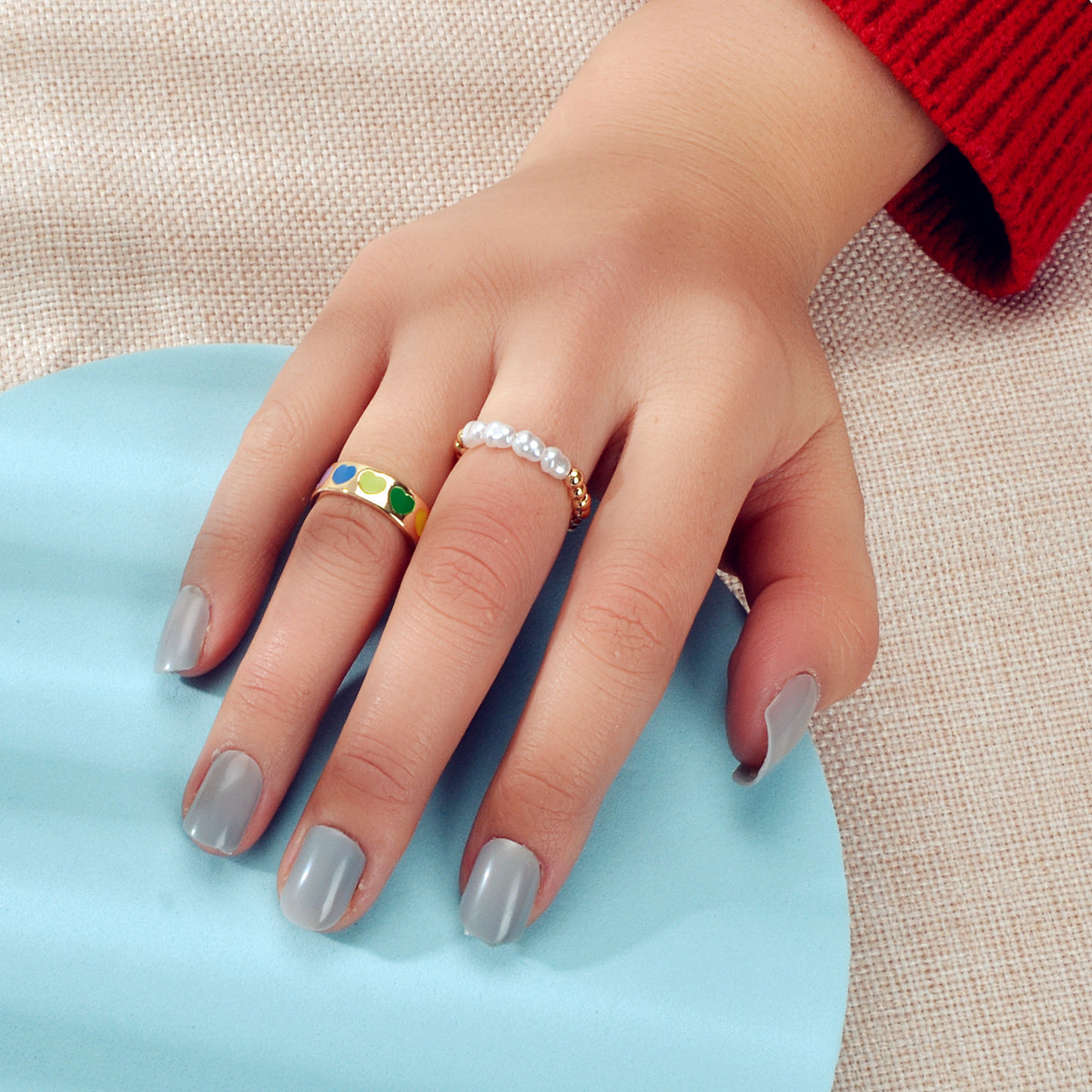 2 pcs Pearl Decor Elastic Ring Colorful Love Heart Enamel Finger Rings