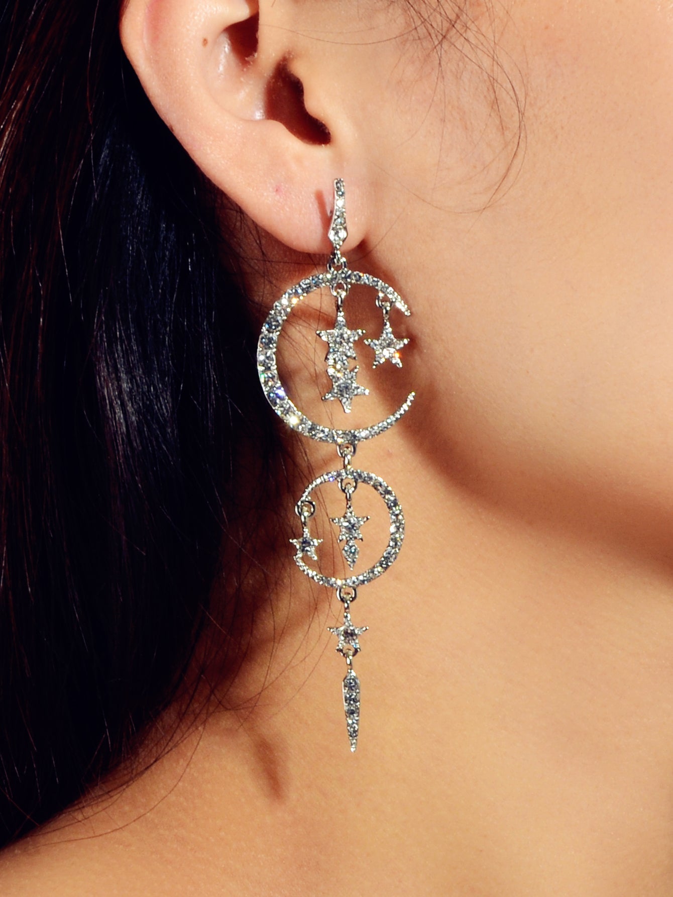 Celestial Cascade | Rhinestone Star & Moon Chandelier Earrings