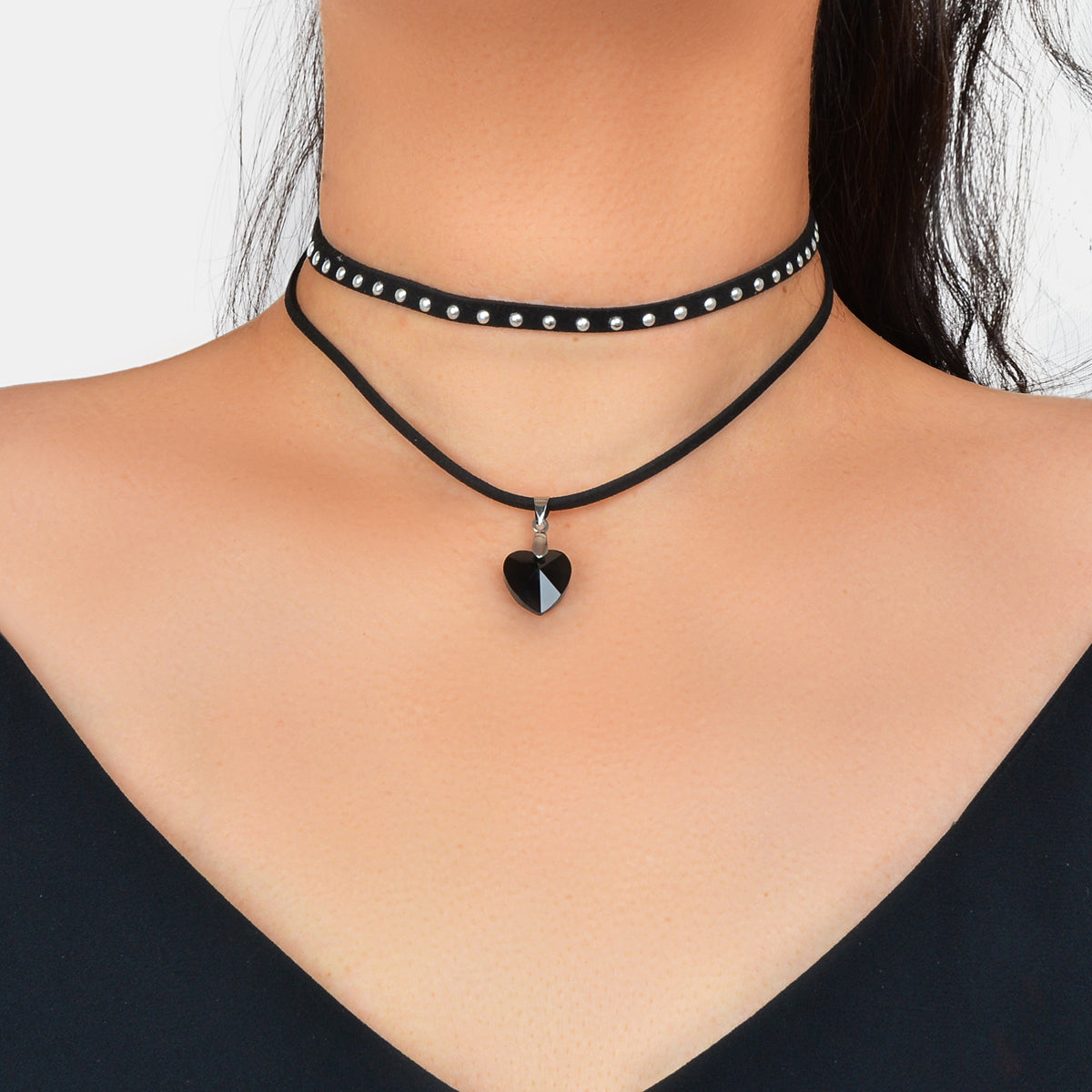 Midnight Heart | Double Layer Choker – Black Crystal Gothic Necklace