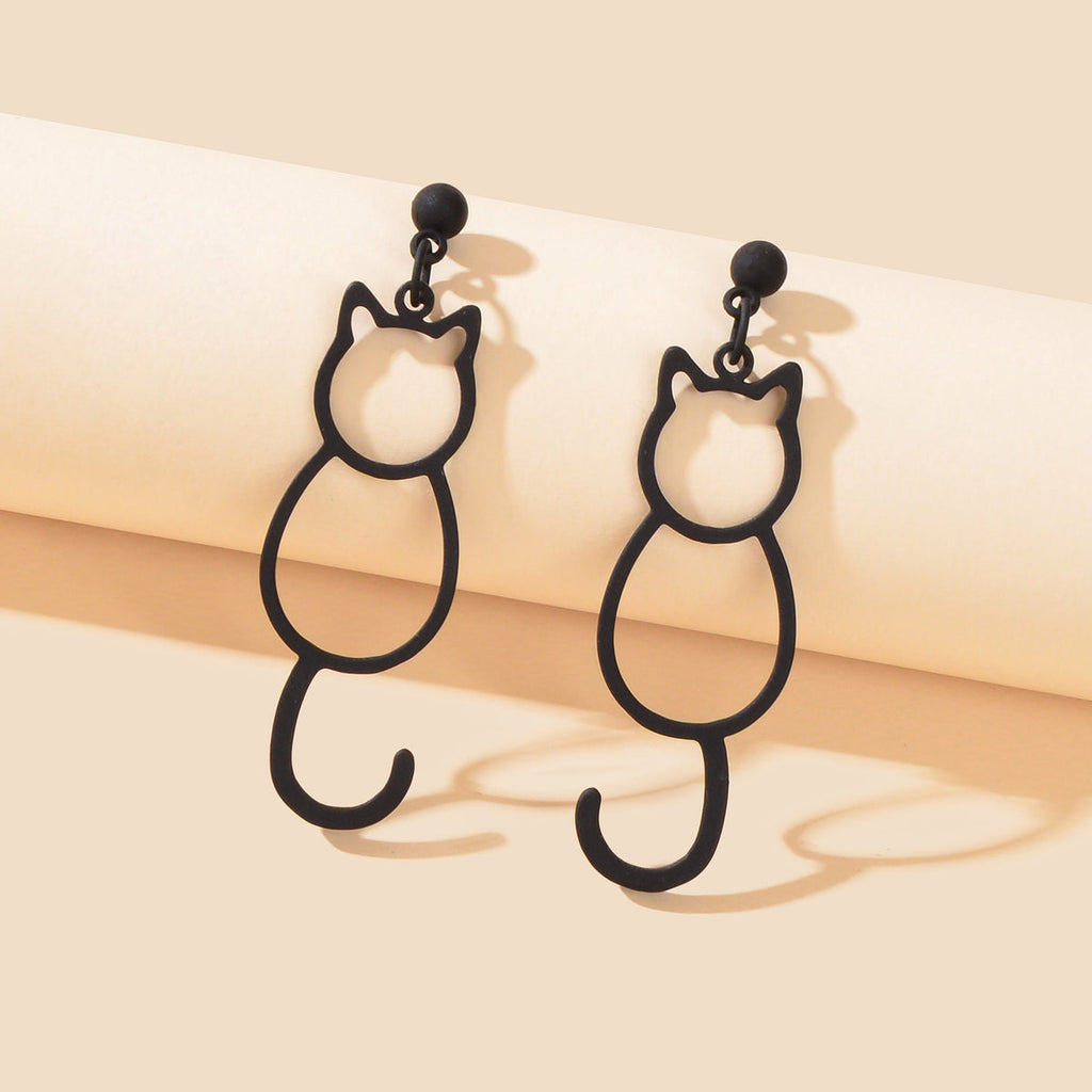 Minimalist Accessories Cartoon Design Hollow Black Cat Dangle Stud