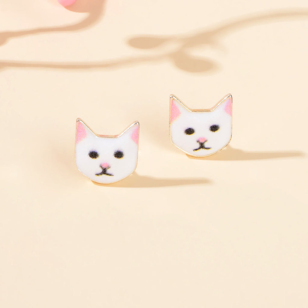 Funny White Enamel Cartoon Cat Stud Pierced Earrings Girls Animal