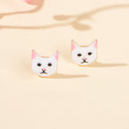Funny White Enamel Cartoon Cat Stud Pierced Earrings Girls Animal