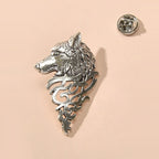 Vintage Punk Antique Silver Carved Wolf Head Pin Lapel Brooch Badge