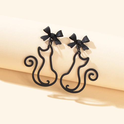 Kawaii Aesthetic Hollow Bow Tie Cat Dangle Earrings Animals Design