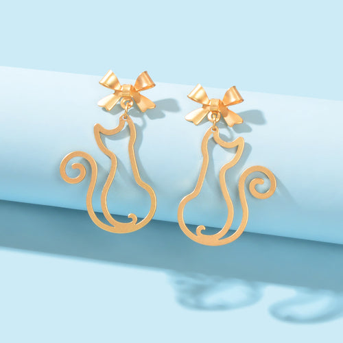 Kawaii Aesthetic Hollow Bow Tie Cat Dangle Earrings Animals Design