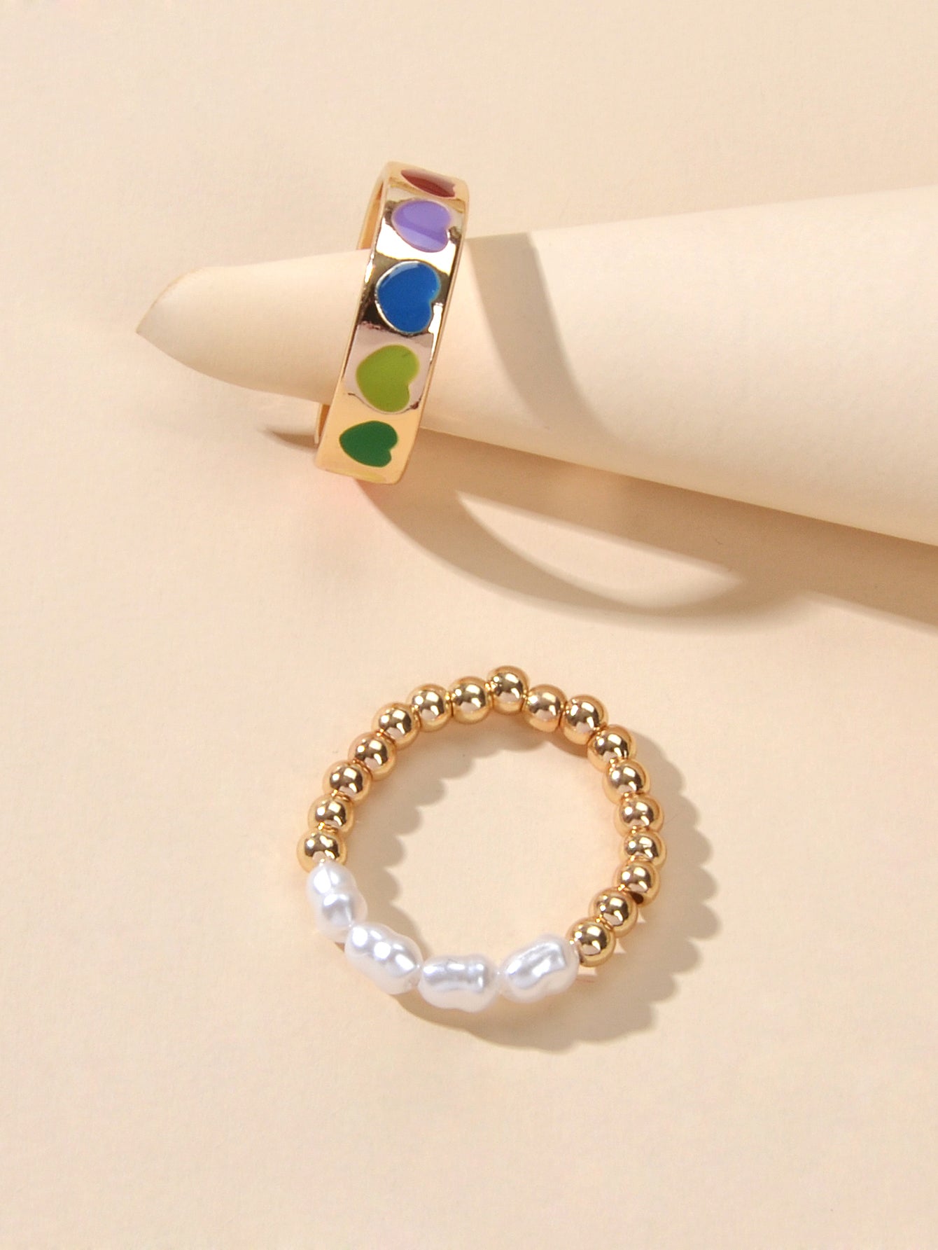 2 pcs Pearl Decor Elastic Ring Colorful Love Heart Enamel Finger Rings
