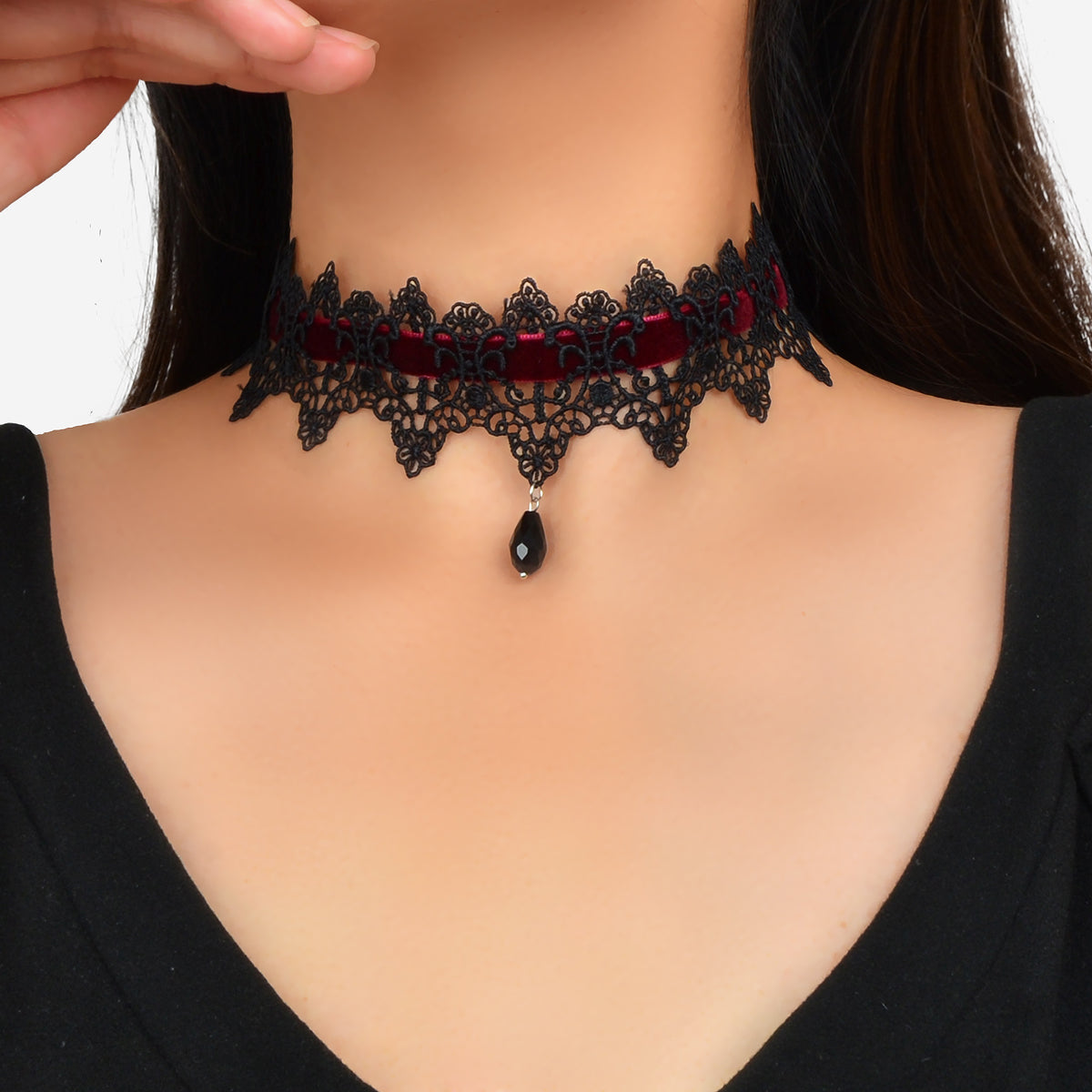 Gothic Black Lace Winered Velvet Tattoo Choker Water Drop Charm Retro