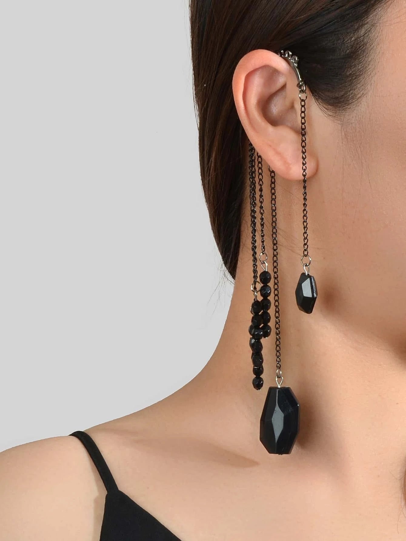 1pc Punk Rock Black Long Chain Tassel Beads Drop Earrings Ear Cuff Ear