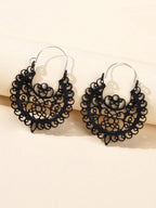 Traditional Black Hollow out Geometric Flower Hoop Earrings Designer
