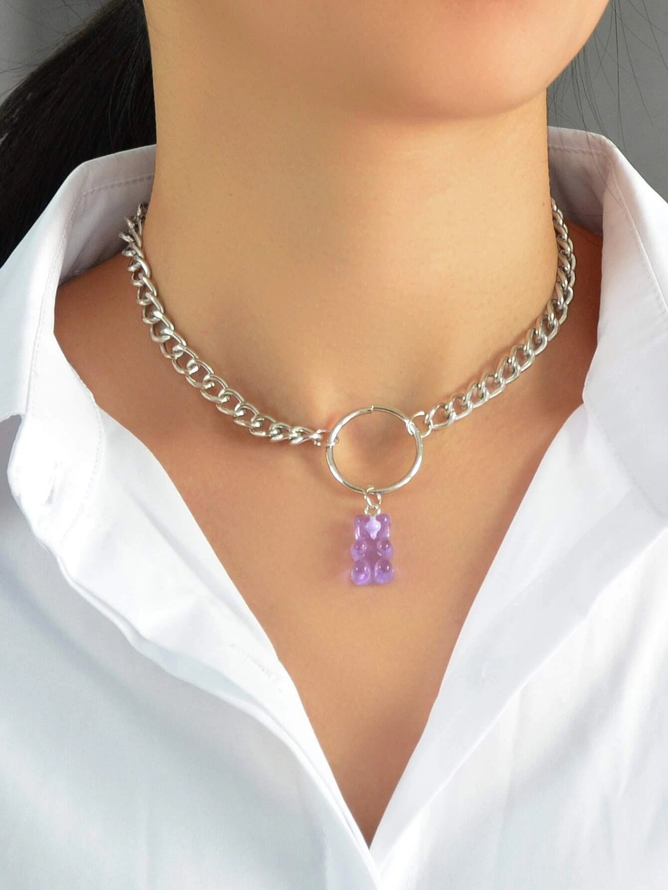 Lovely Jewellery Silver Chain Circle Purple Bear Pendant Necklace