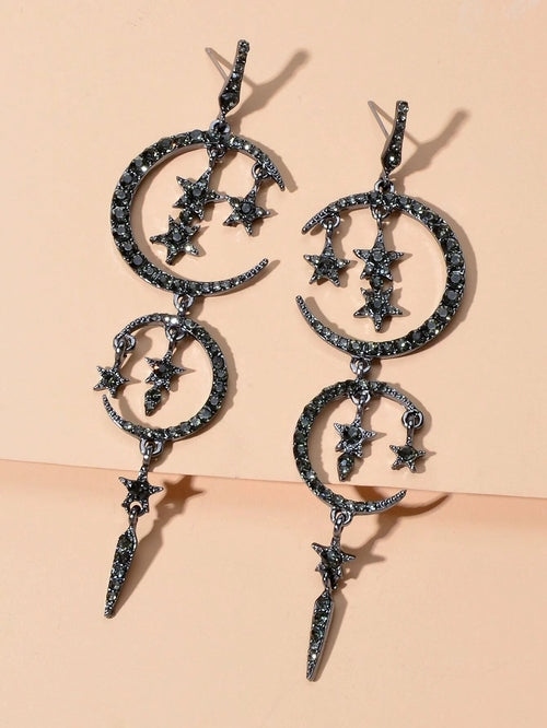 Celestial Cascade | Rhinestone Star & Moon Chandelier Earrings