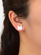 Funny White Enamel Cartoon Cat Stud Pierced Earrings Girls Animal