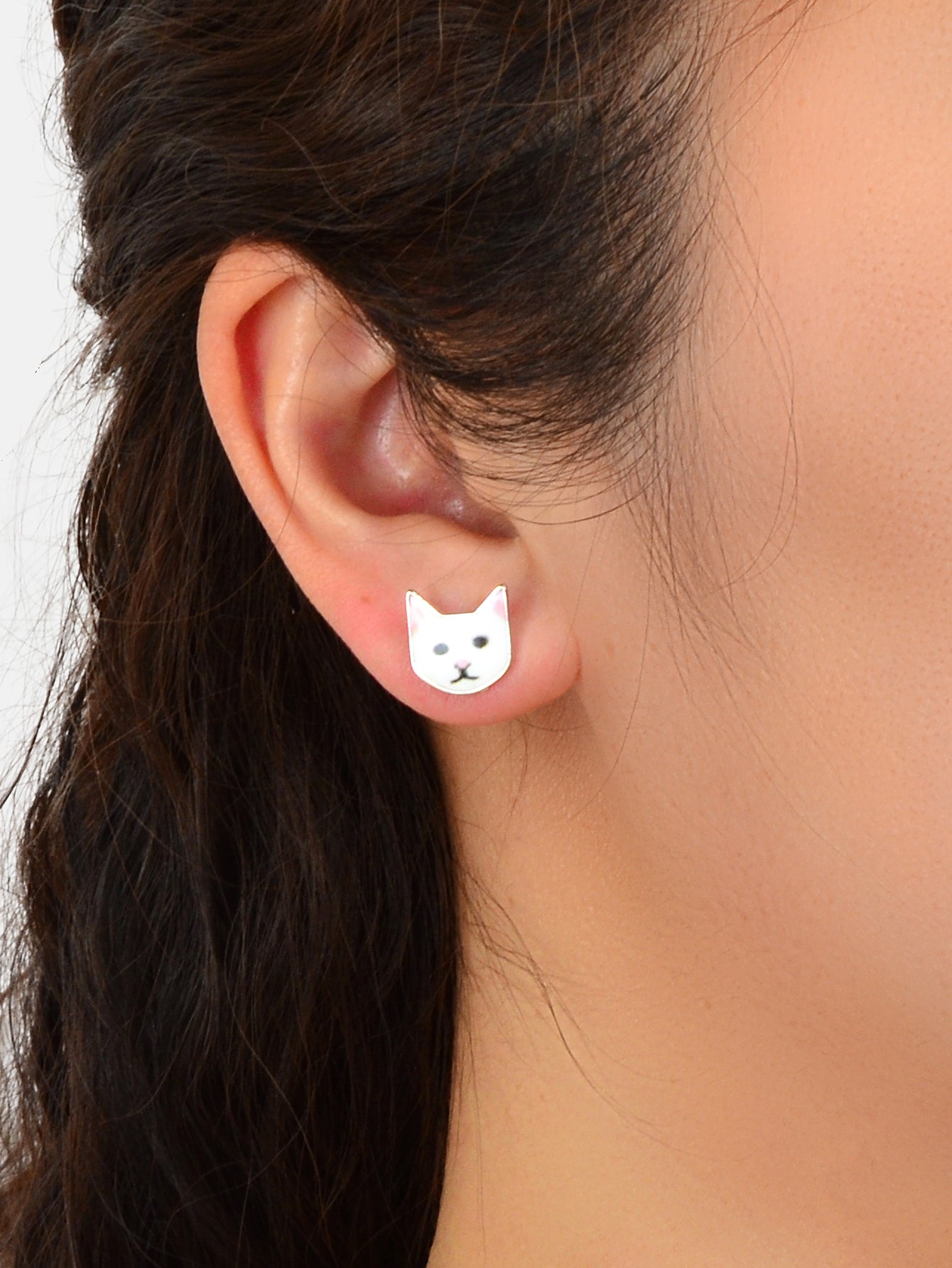 Funny White Enamel Cartoon Cat Stud Pierced Earrings Girls Animal