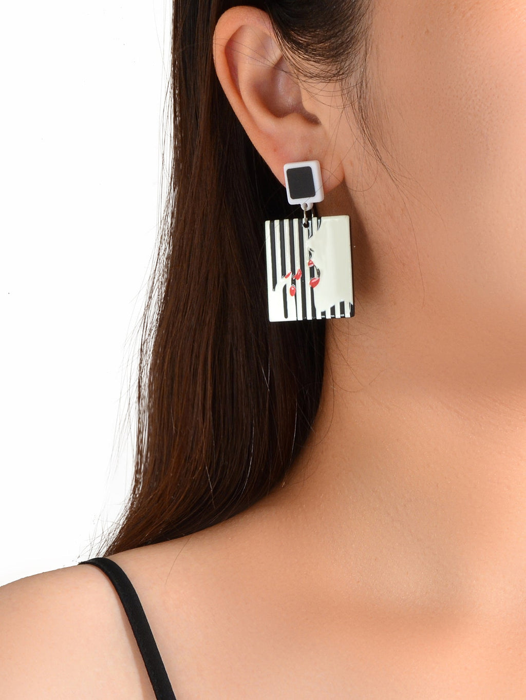 Women Red Lip Lipstick Pattern White Black Square Resin Dangle Pierced