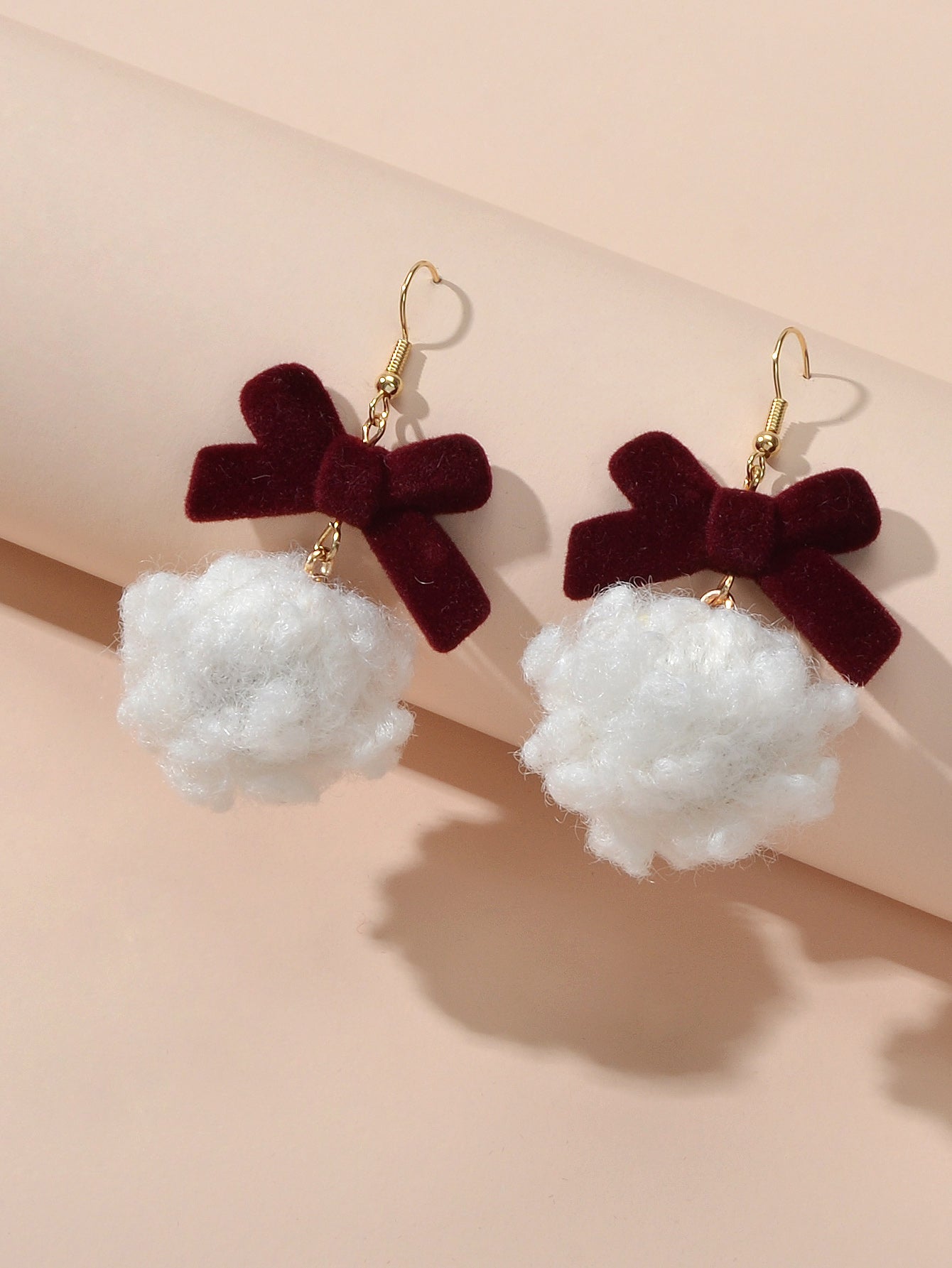 Sweet Winered Velvet Bowknot White Ball Cotton Dangle Earrings Girls