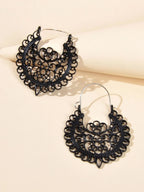 Traditional Black Hollow out Geometric Flower Hoop Earrings Designer