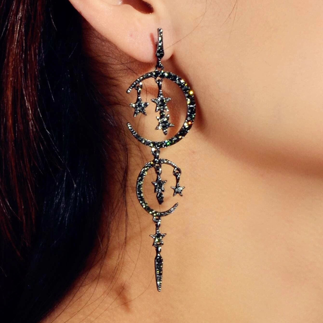 Celestial Cascade | Rhinestone Star & Moon Chandelier Earrings