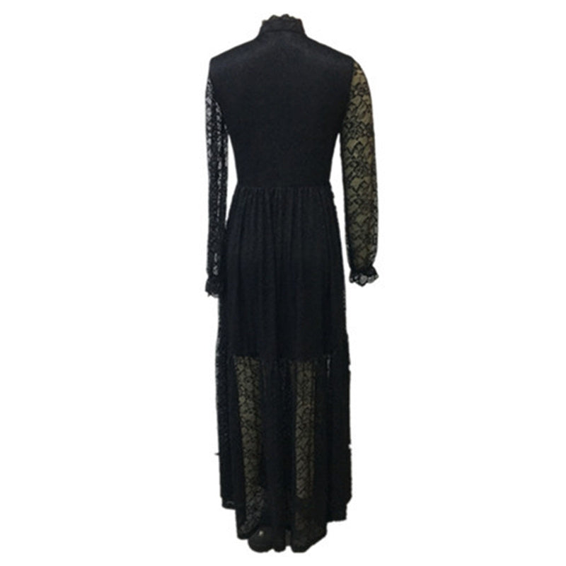 Women's Black Stand Collar Long Sleeve Dress With Button Front & Lace Detail - Flowy Spring Summer Maxi Dress