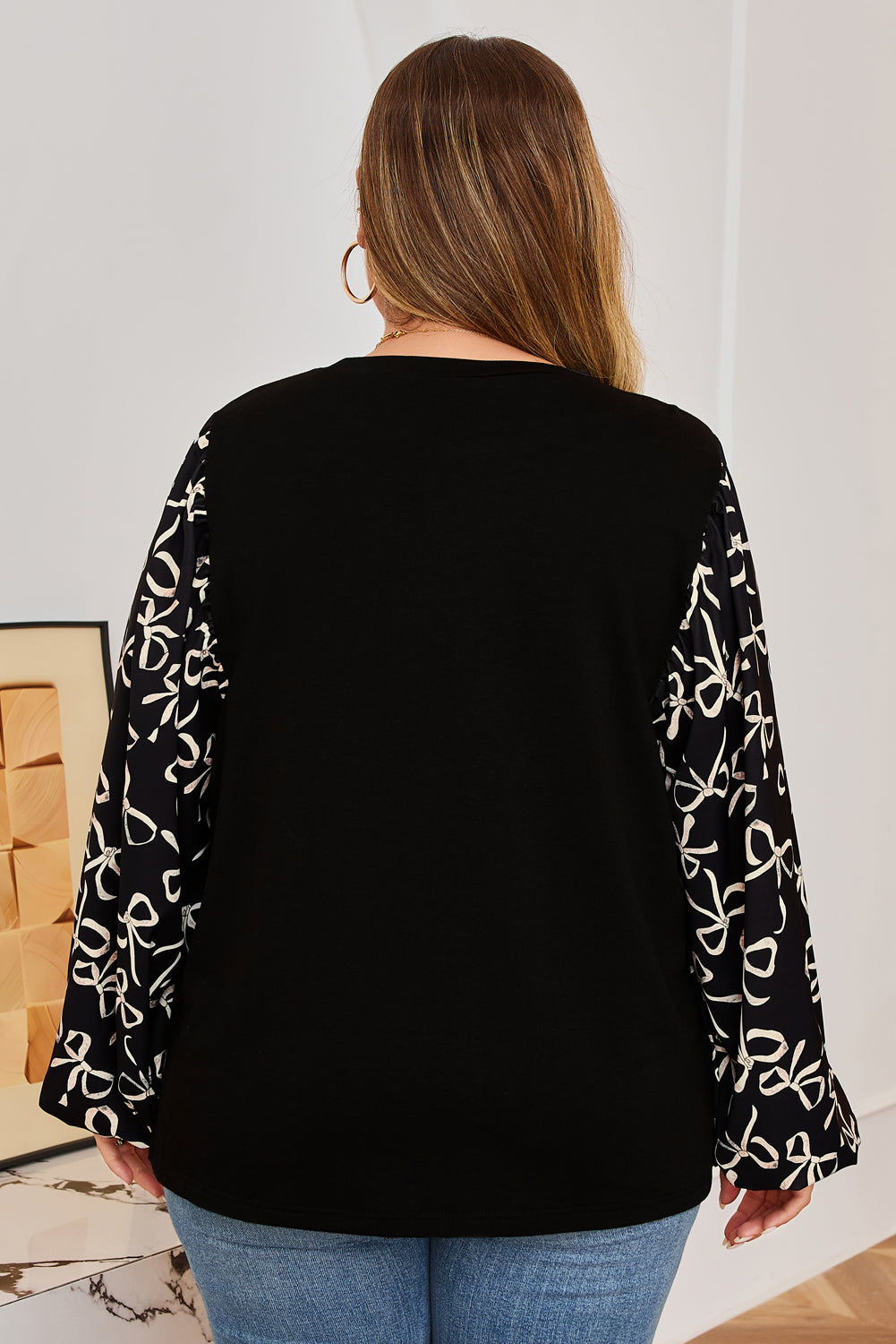 Plus Size Bow Patchwork Long Sleeve Blouse