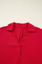 Fableline | Red smocked V-neck collared top