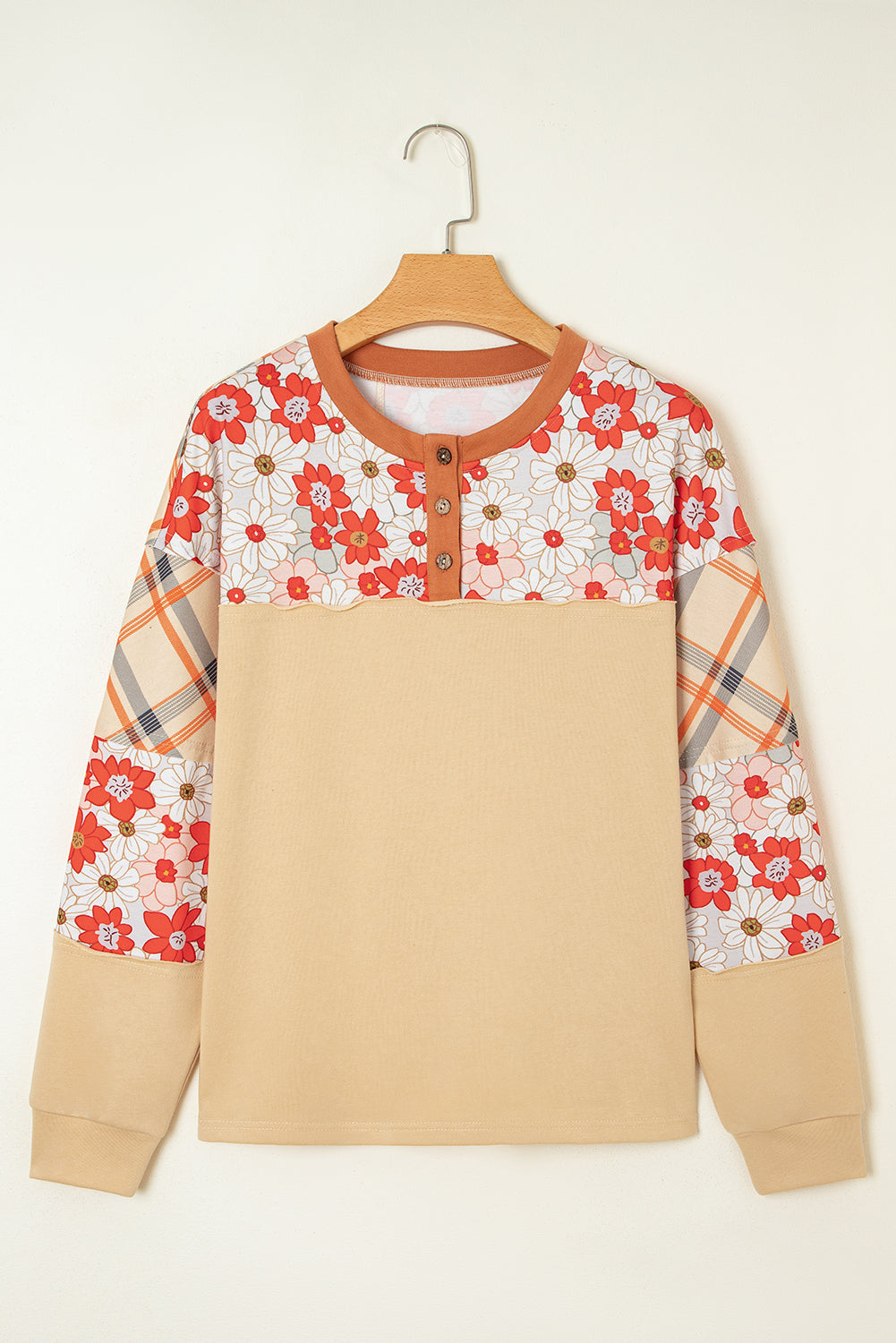 Floral Plaid Patchwork Long Sleeve Henley Top