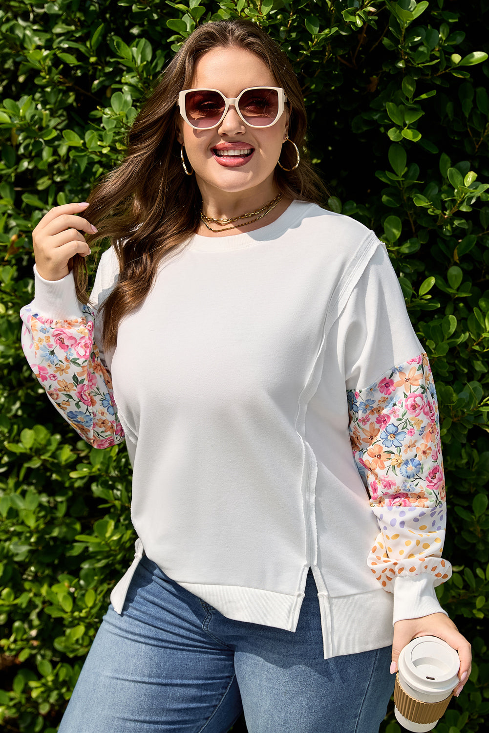 Plus Size Floral Patchwork Long Sleeve Reverse Seam Sweatshirt