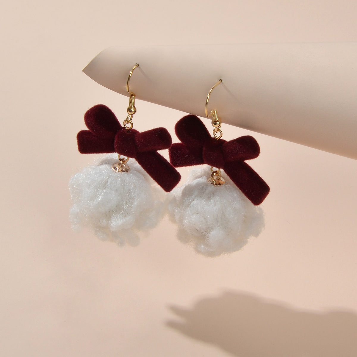 Sweet Winered Velvet Bowknot White Ball Cotton Dangle Earrings Girls