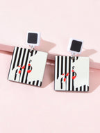 Women Red Lip Lipstick Pattern White Black Square Resin Dangle Pierced