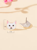 Funny White Enamel Cartoon Cat Stud Pierced Earrings Girls Animal