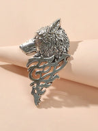 Vintage Punk Antique Silver Carved Wolf Head Pin Lapel Brooch Badge