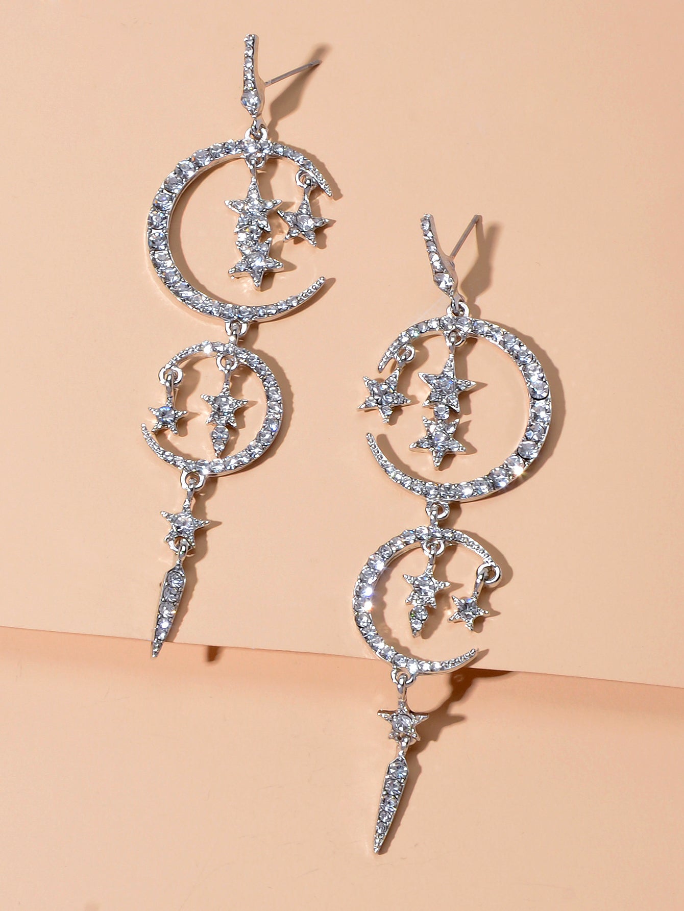 Celestial Cascade | Rhinestone Star & Moon Chandelier Earrings