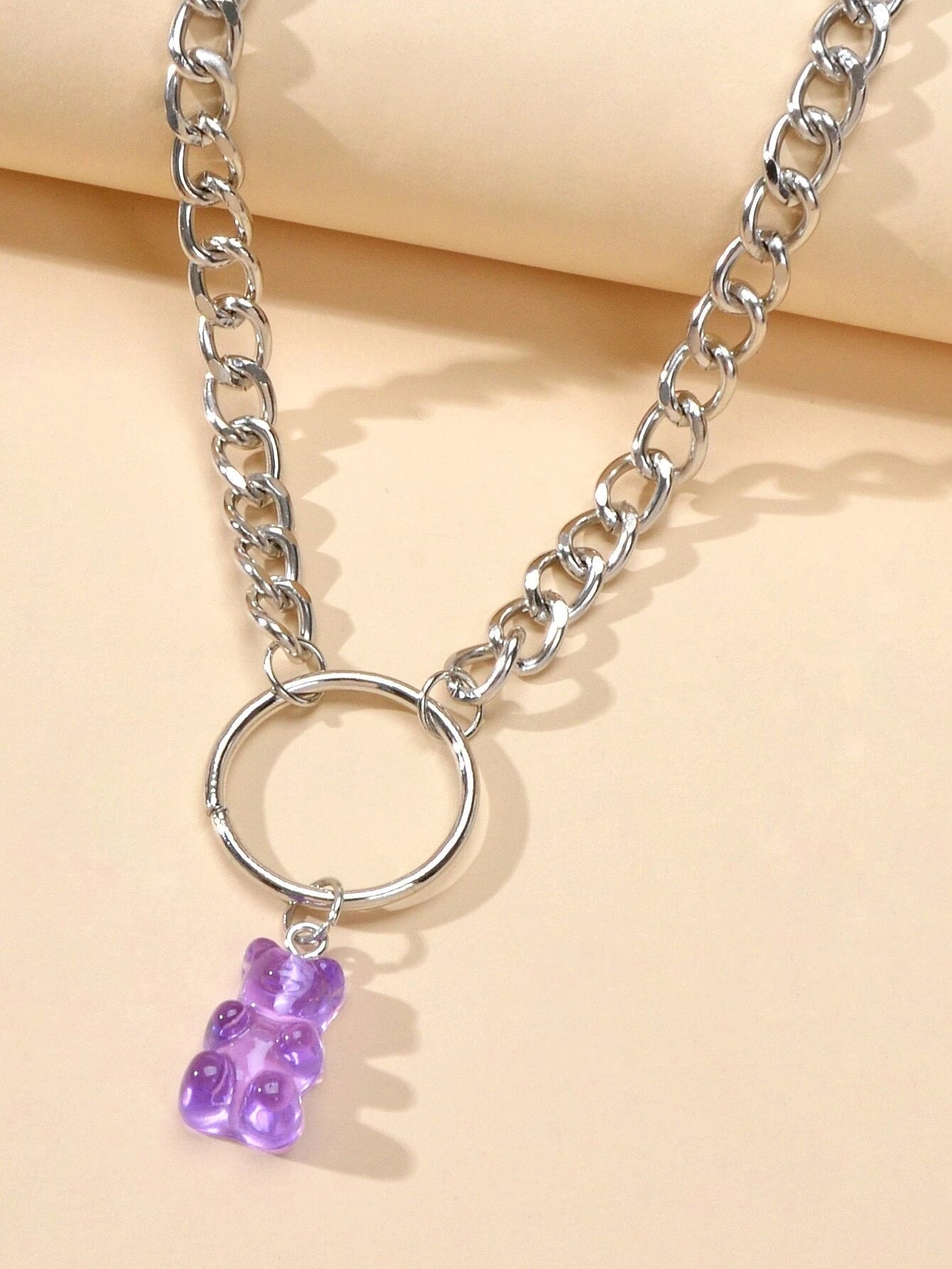 Lovely Jewellery Silver Chain Circle Purple Bear Pendant Necklace
