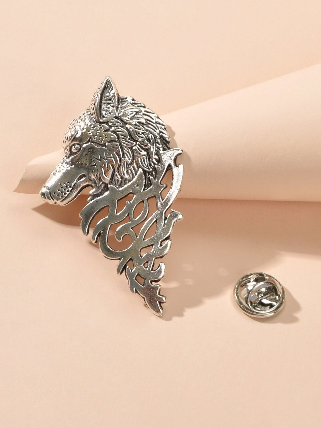 Vintage Punk Antique Silver Carved Wolf Head Pin Lapel Brooch Badge