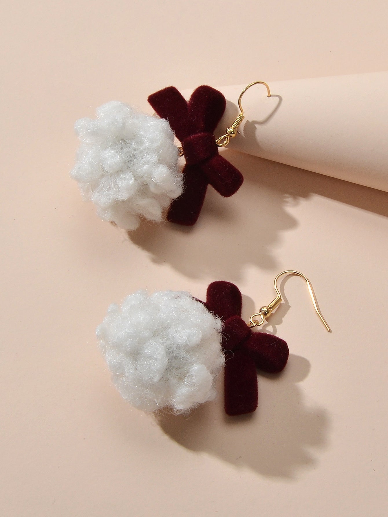 Sweet Winered Velvet Bowknot White Ball Cotton Dangle Earrings Girls