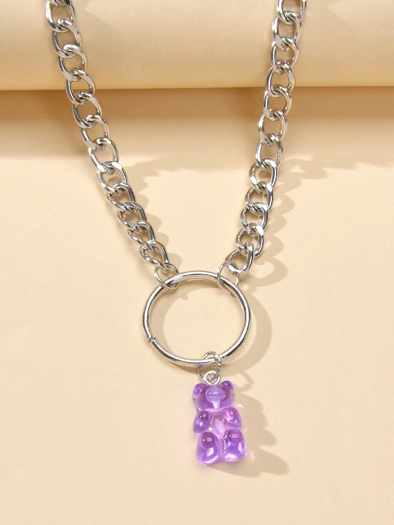 Lovely Jewellery Silver Chain Circle Purple Bear Pendant Necklace