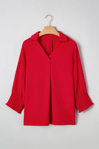 Fableline | Red smocked V-neck collared top