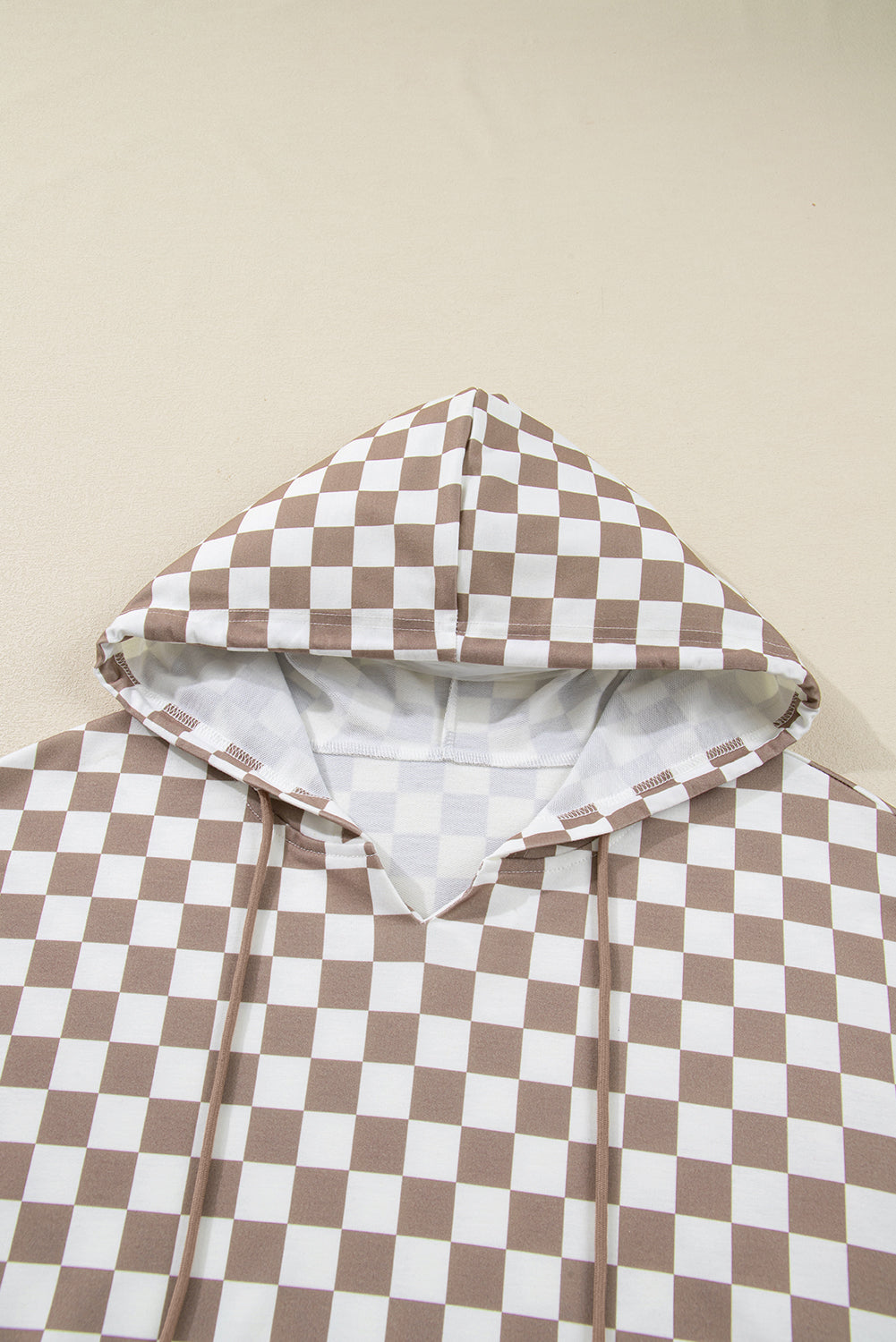 Checker Patchwork Tie Neck Oversized Hoodie