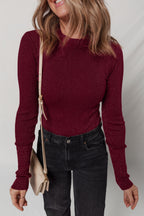 Solid Metallic Ribbed Knit Long Sleeve Top