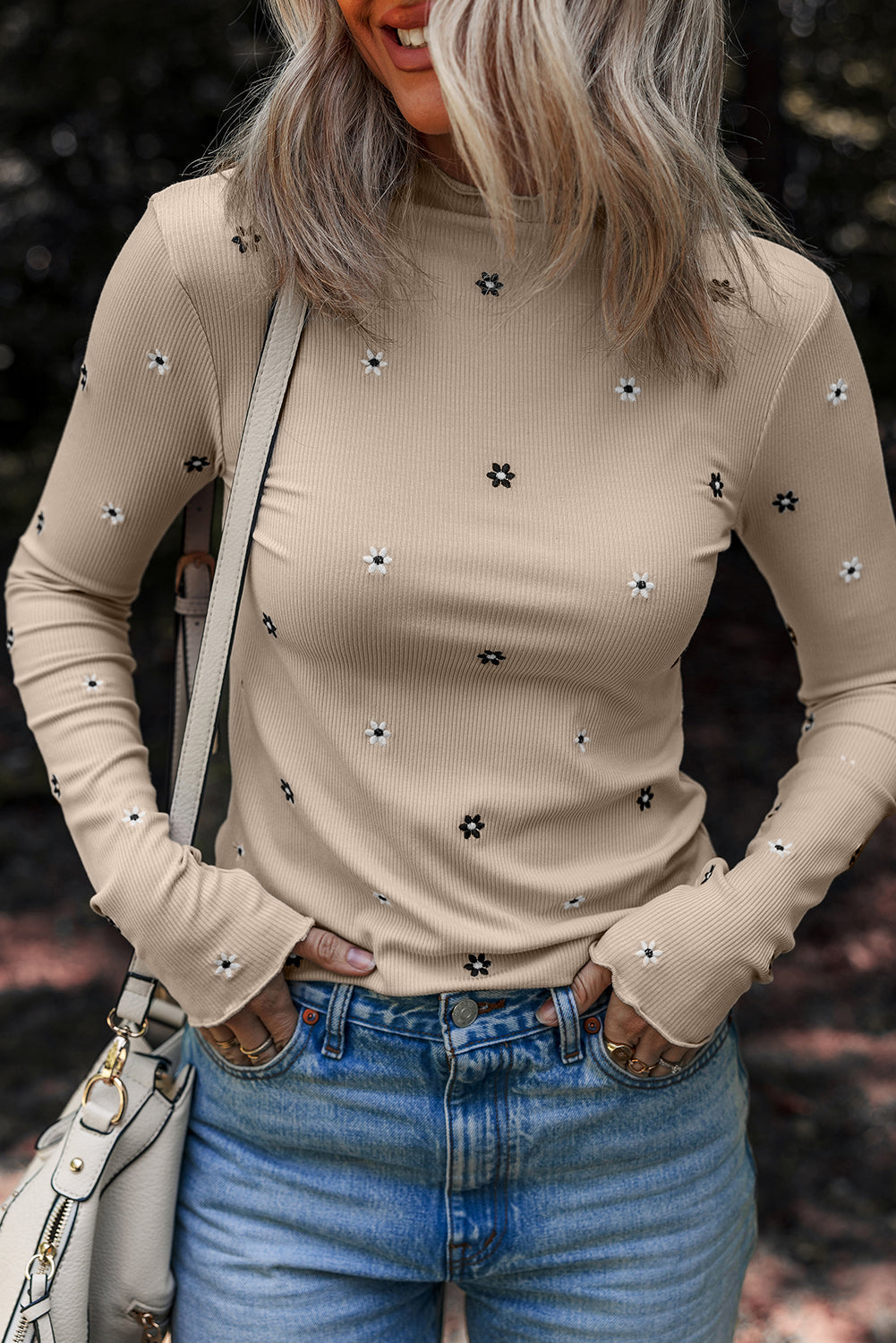 Floral Ribbed Embroidered Long Sleeve Top