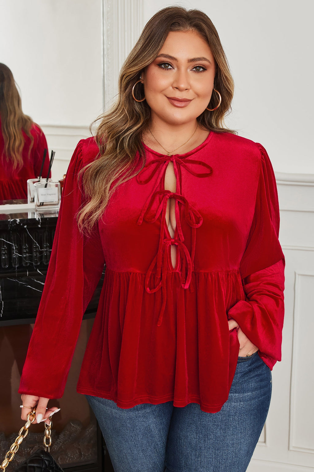 Plus Size Velvet Tie Front Peplum Blouse